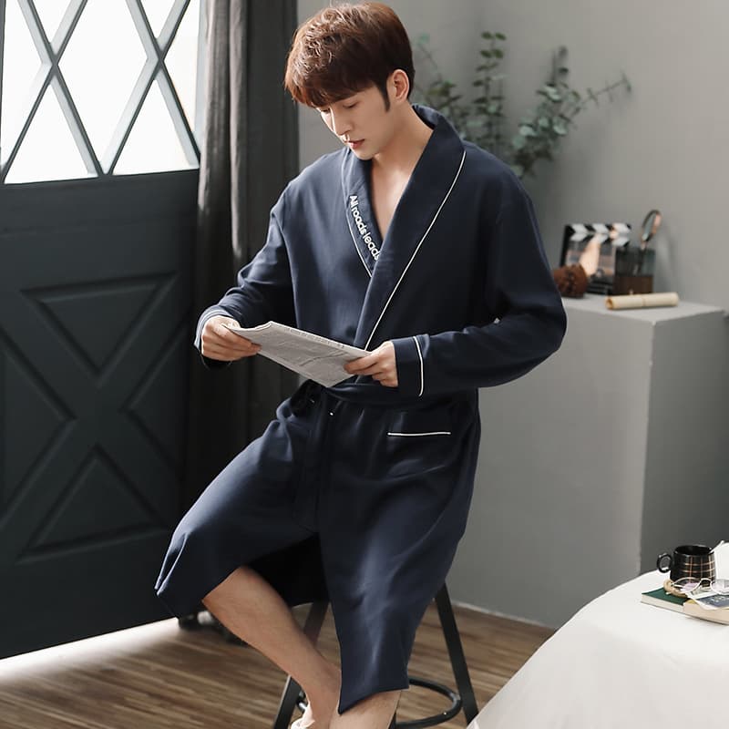 Men's Autumn and Winter Pajamas Plus Size Long Sleeve Cotton Mid-Length Bathrobe Casual Homewear Dropshipping