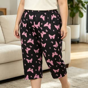 Plus Size 3/4 Length Lounge Pants for Women 1XL-5XL Elastic Waist Butterfly Print Casual Wear