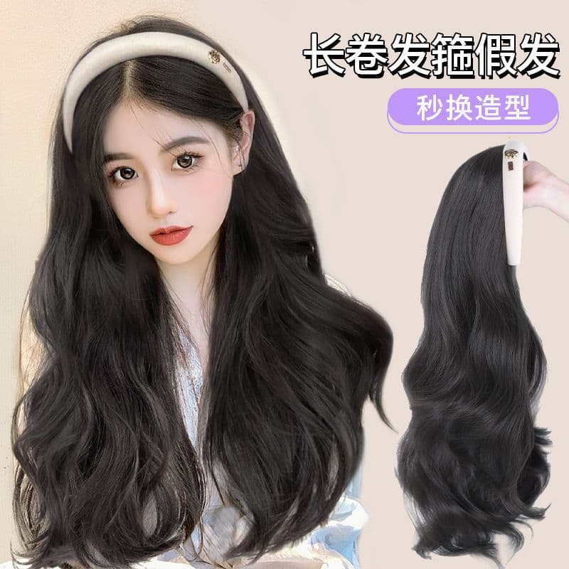 Headband Wig with Long Curly Hair Half Wig Detachable Camellia Headband Natural Hair Volume Booster Hairpiece