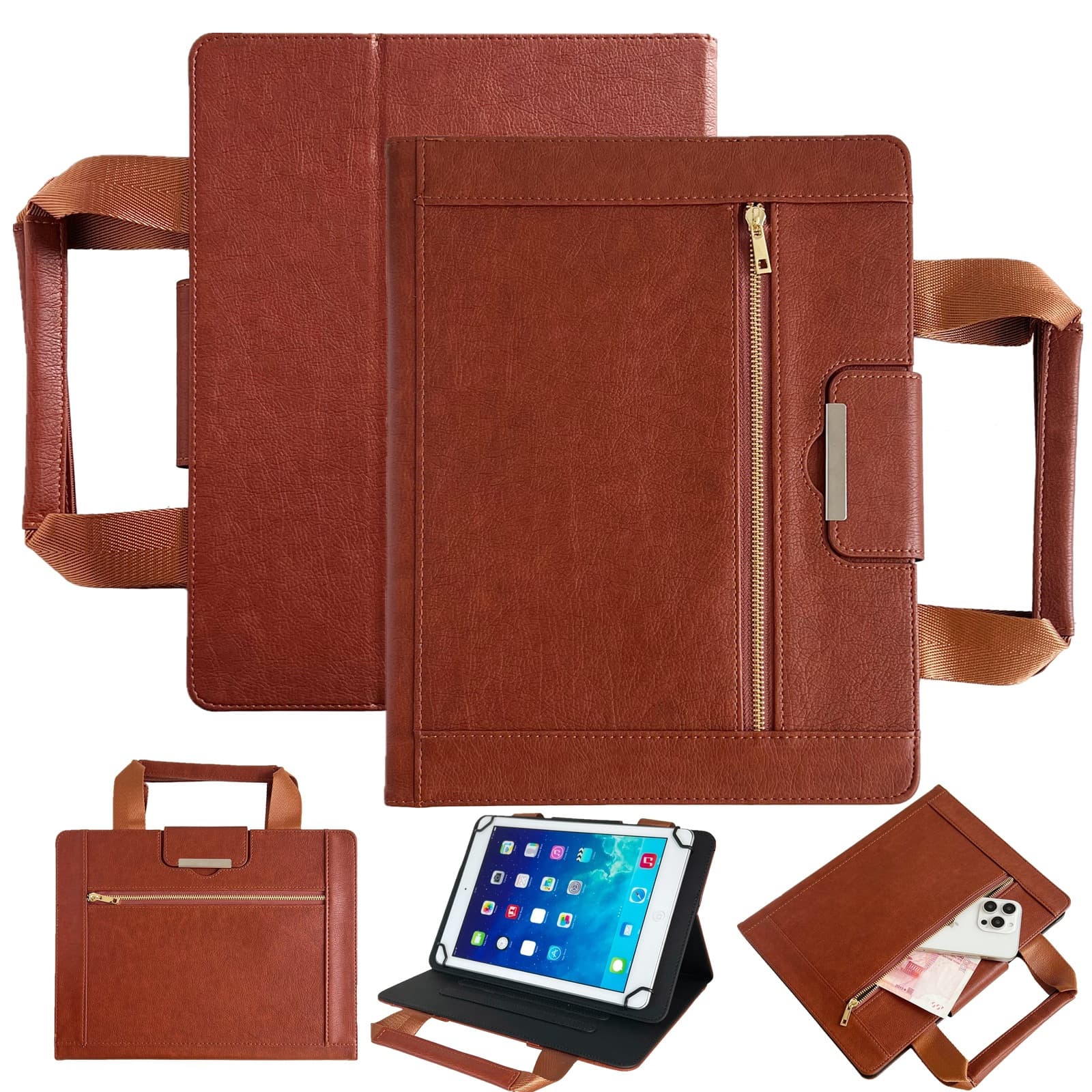 10 Inch Universal Tote Bag, 8 Inch Universal Zipper Bag with Large Metal Buckle, Universal Tablet Stand Leather Case