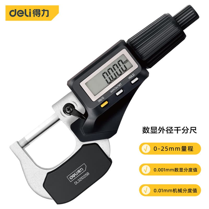 Deli Outside Micrometer Digital Display Screw Micrometer High Precision Mechanical Thickness Gauge 0-25mm
