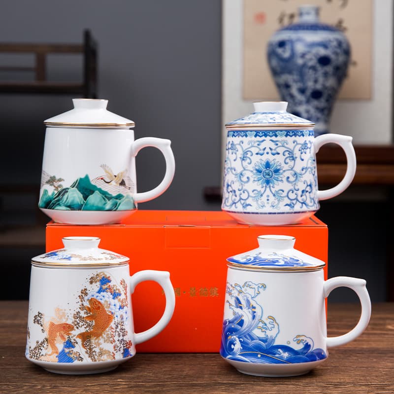 Three-Piece Set of High-White Clay Ceramic Office Cups with Handle Filter, National Trend Cultural and Creative Tea Water Separation Gift Cup