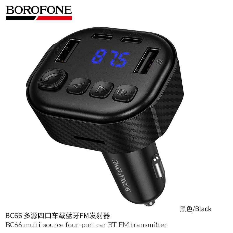 BOROFONE BC66 4-Port Car Bluetooth FM Transmitter 6.0 Supports U Disk Music Playback Digital Display Car Charger
