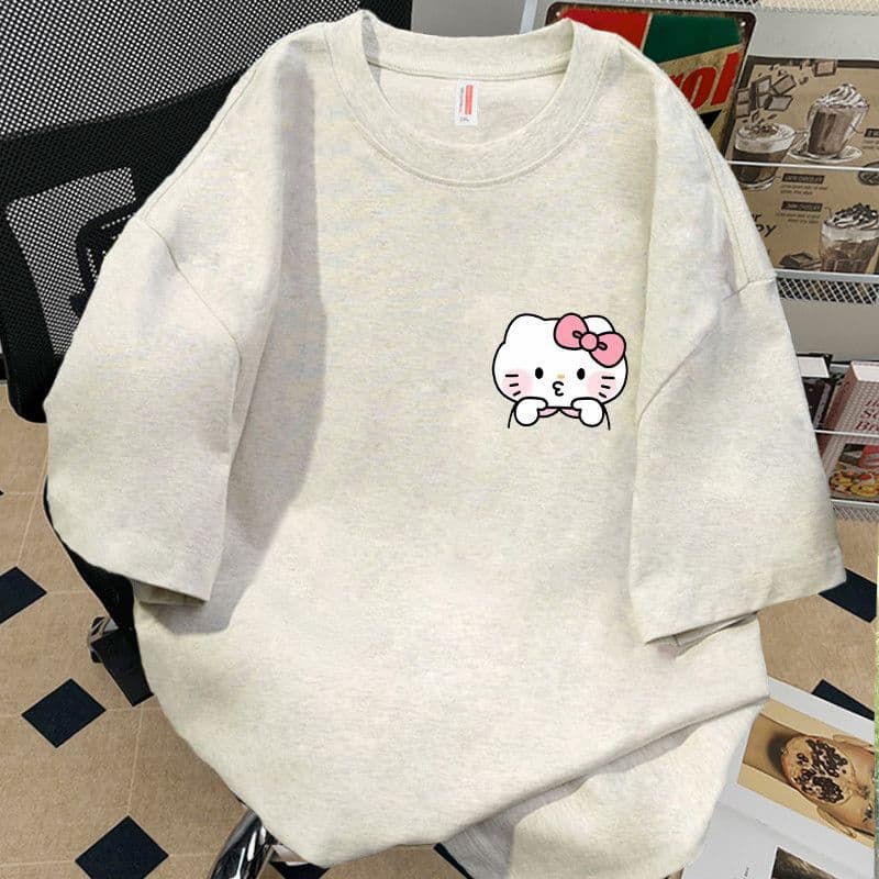 220g American Streetwear Summer New Cute Cat Print Short Sleeve T-Shirt Men Women Loose Pure Cotton Heavyweight