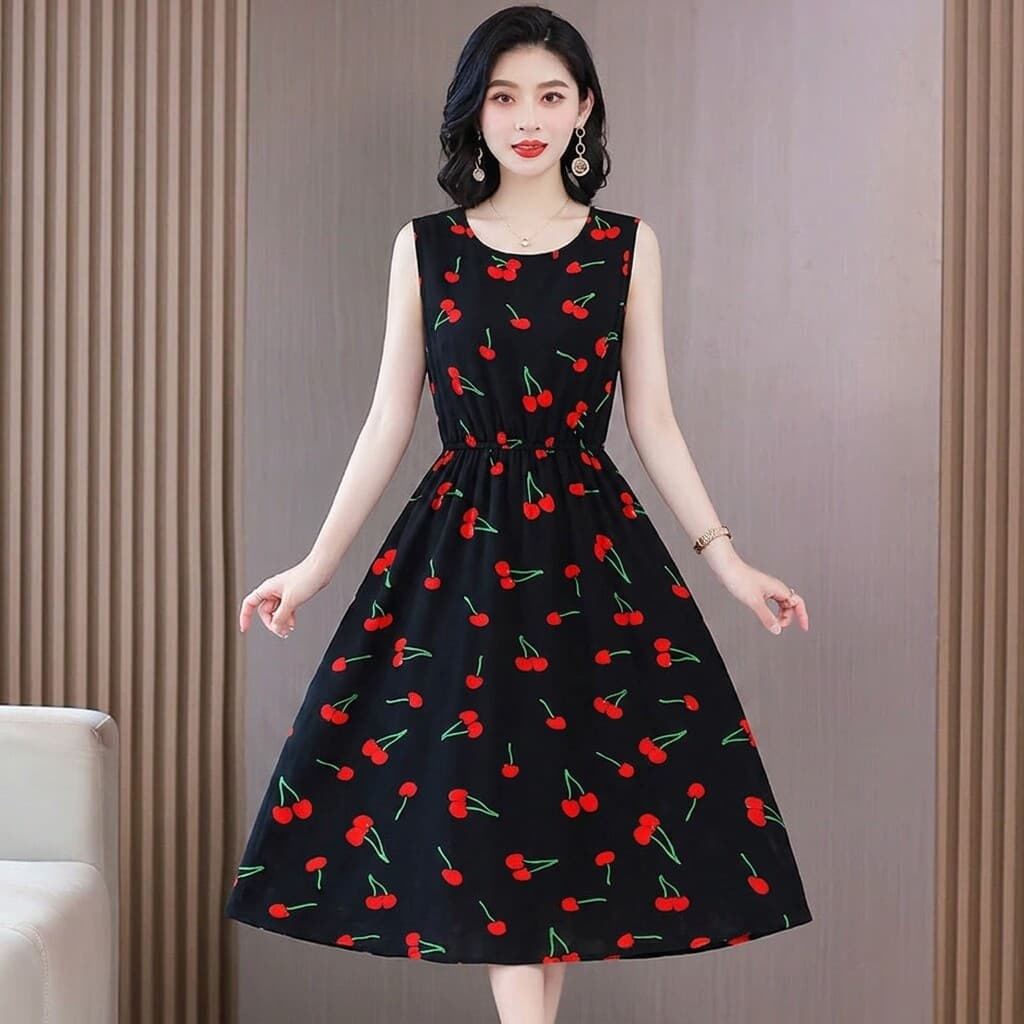 Korean Retro Cherry Print Dress for Women, Sleeveless, Waist-Tightening, Slimming, Elegant and Age-Reducing Midi Dress for Middle-Aged Mothers
