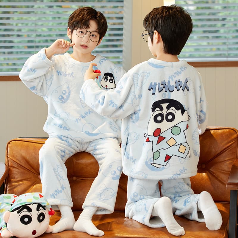 Boys' Coral Fleece Pajamas Fall/Winter New Style for Students, Thick Kids' Flannel Loungewear for Boys