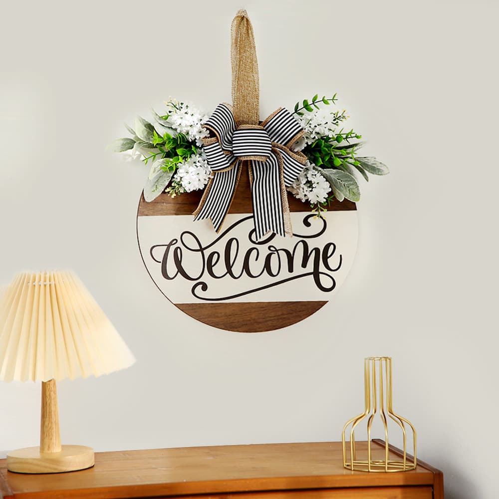 Cross-border wooden welcome sign door hanging decorative striped bow garland hyacinth eucalyptus round wooden sign