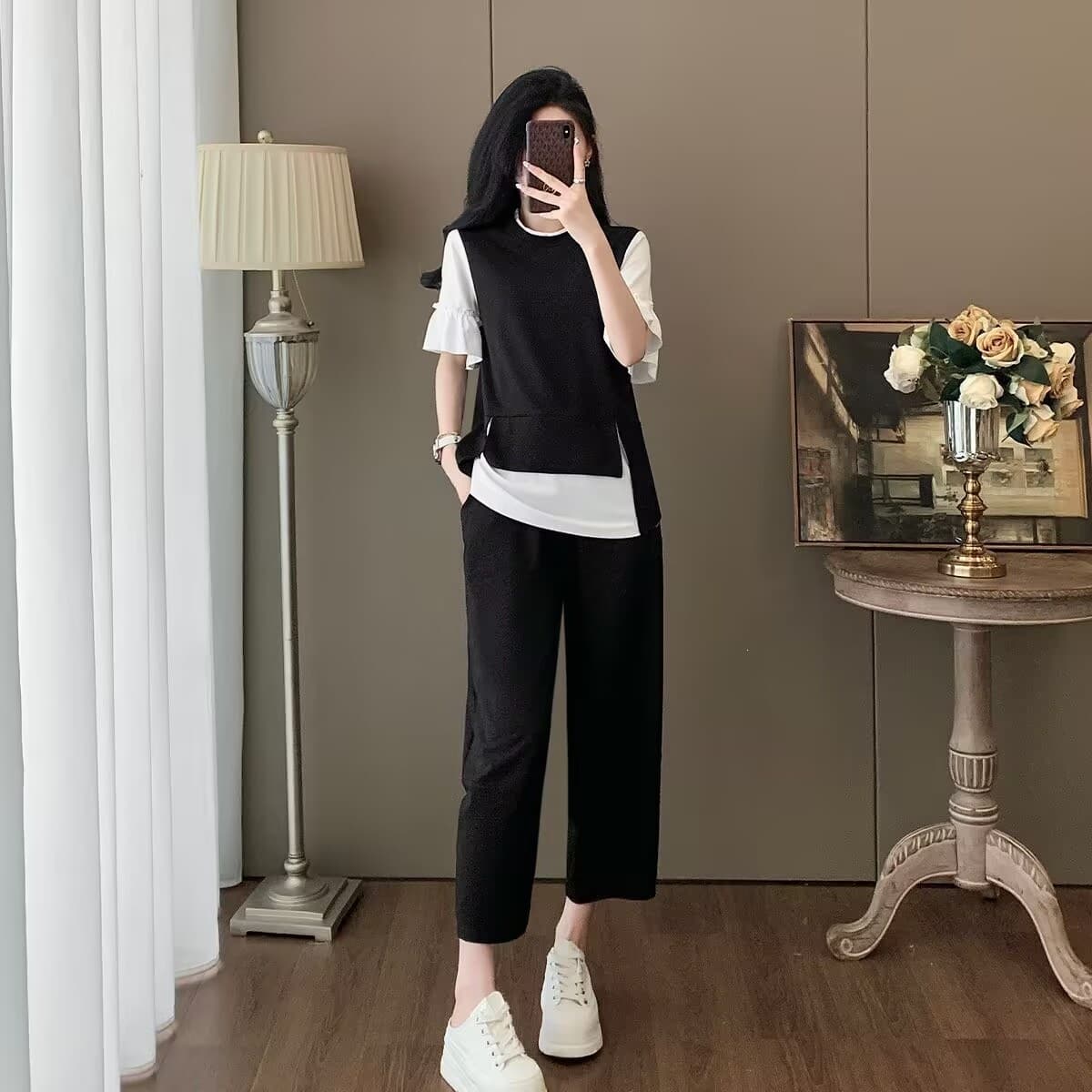 2026 Comfortable Casual Fashion Set Women's Summer New High-End Fake Two-Piece Short Sleeve Wide-Leg Pants Two-Piece Set Trendy