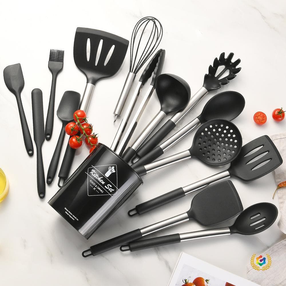 Cross-border Stainless Steel Silicone Kitchen Utensils 15-Piece Set with Storage Bucket, Cooking Spatula and Spoon Set