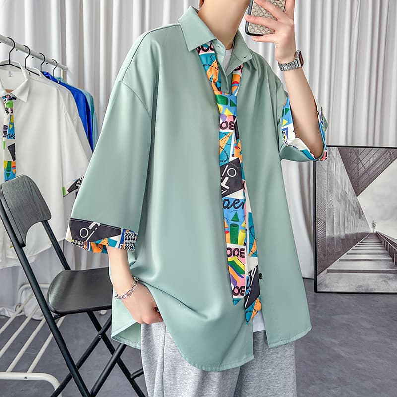 Mint Green Tie Shirt Men's Three-Quarter Sleeve Summer Loose Fit Niche French Style DK Uniform JK Short Sleeve