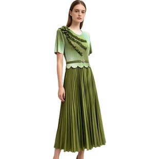Cross-border trade ruffle trim pleated loose plus size women's gradient color short sleeve pleated skirt dress