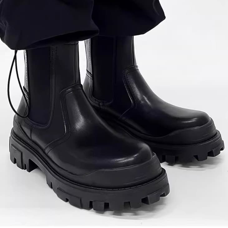 Paris Thick Sole Martin Boots British Style Black Premium Chelsea Boots Men's Trendy Height-Increasing Genuine Leather Mid-Top Stacked Boots