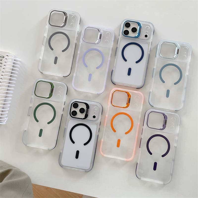 Lens Folding Stand with Solid Color Magnetic Edge, Compatible with iPhone 17, Apple 16 Pro Max/15/14 Phone Case Trend