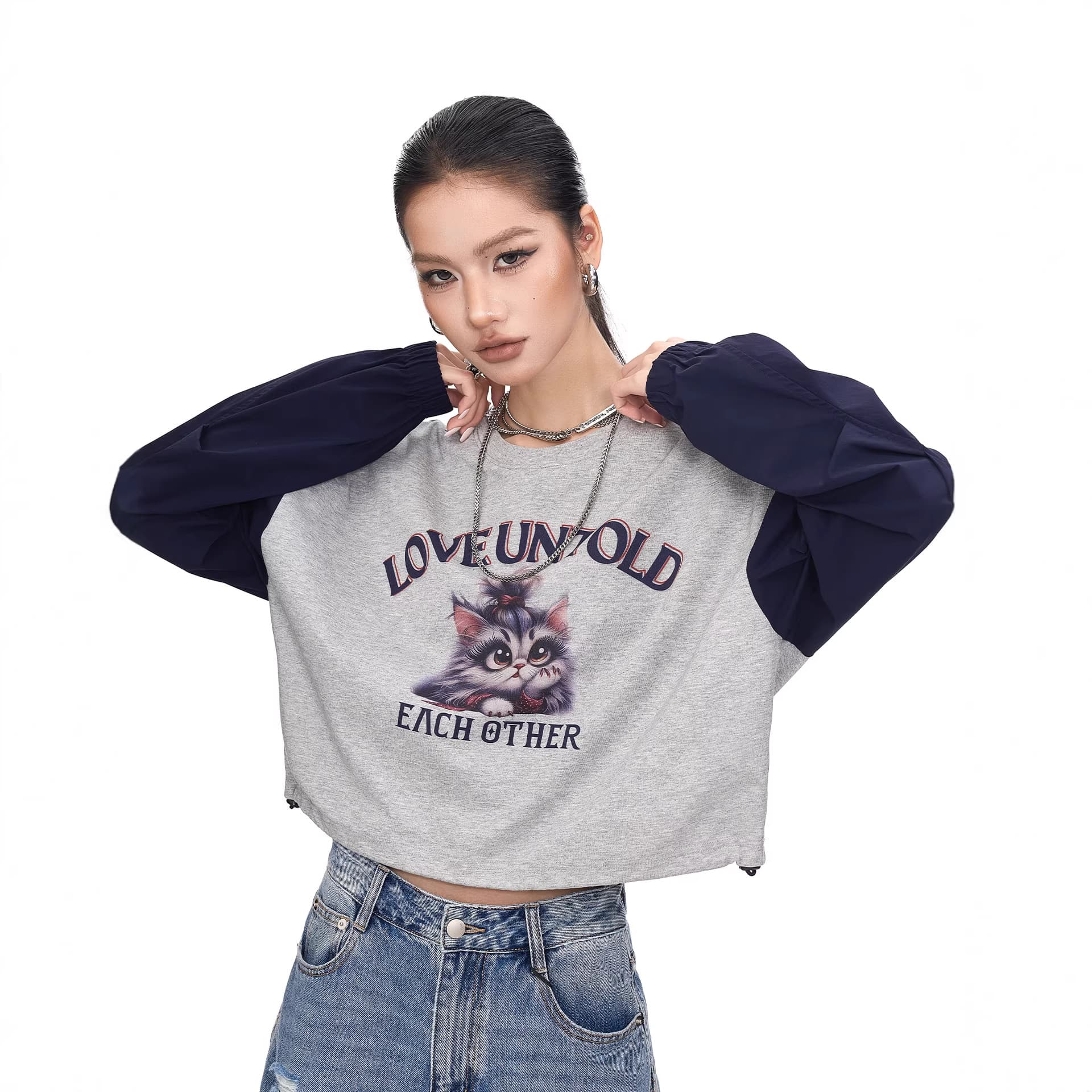 Tuogu Cartoon Cat Round Neck Pullover Sweatshirt Women Spring New Trendy Short Cropped Long Sleeve T-Shirt Color Block Top