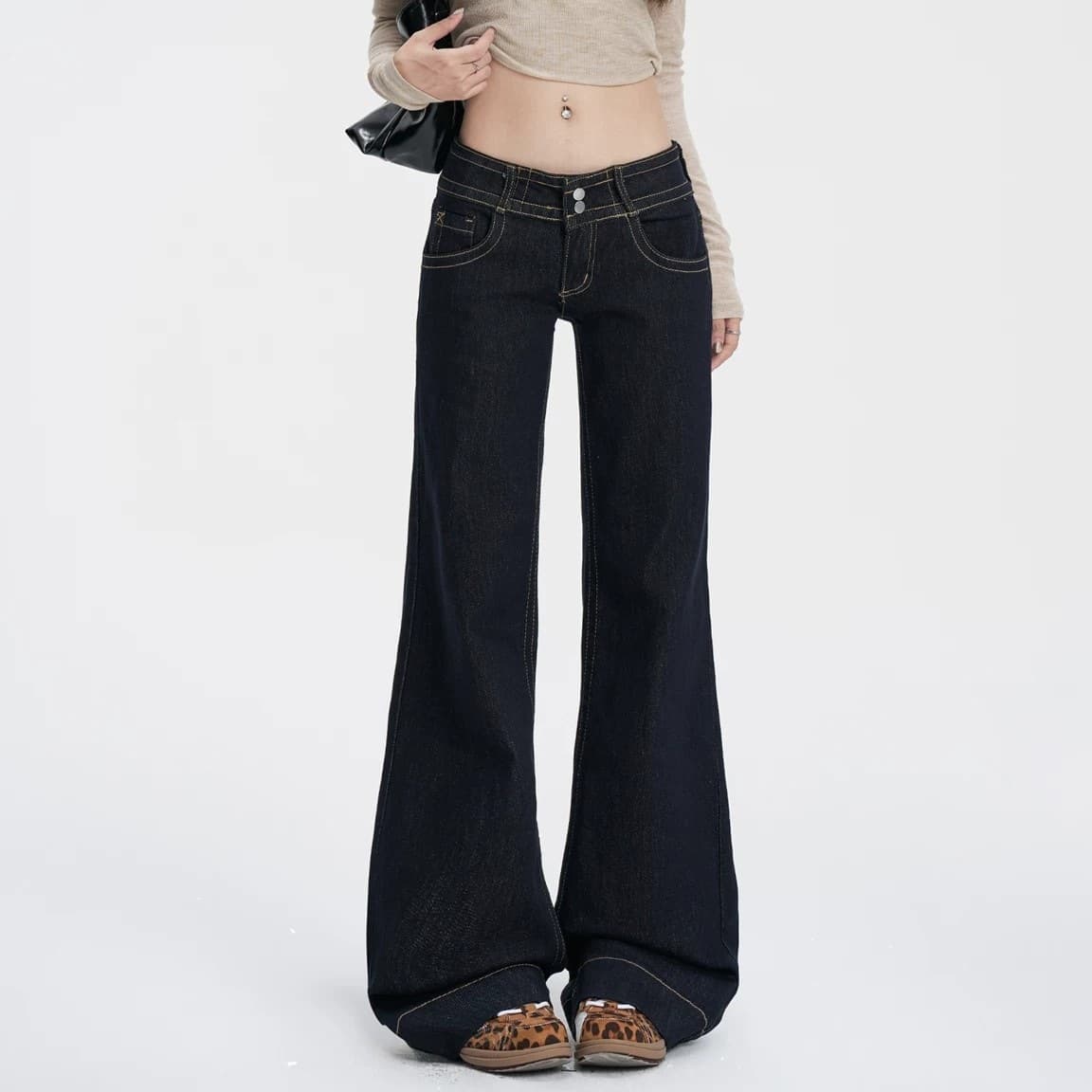 Dark blue bootcut jeans for women 2026 new spring and summer slim, non-leg-fitting, low-waisted American-style straight-leg pants for small people