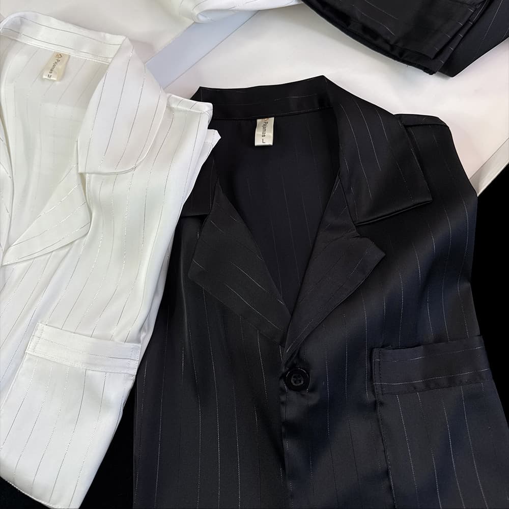 New ice silk couple pajamas for women, silver silk light luxury breathable suit for men, simulated silk spring and summer striped home clothes