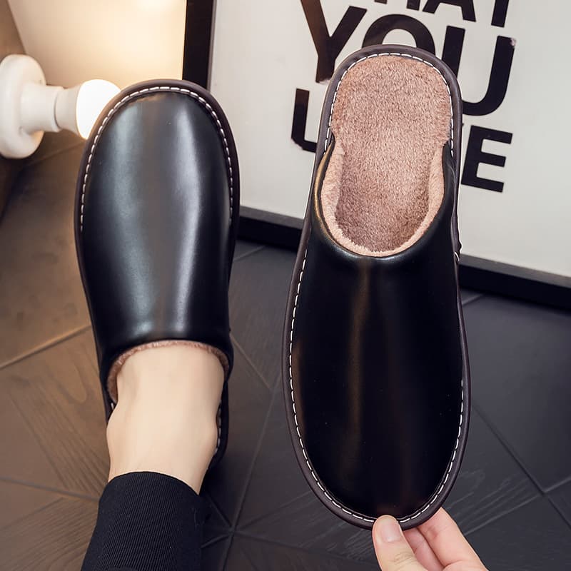 Winter home plus velvet warm couple leather slippers anti-slip waterproof home home indoor men and women cotton slippers winter