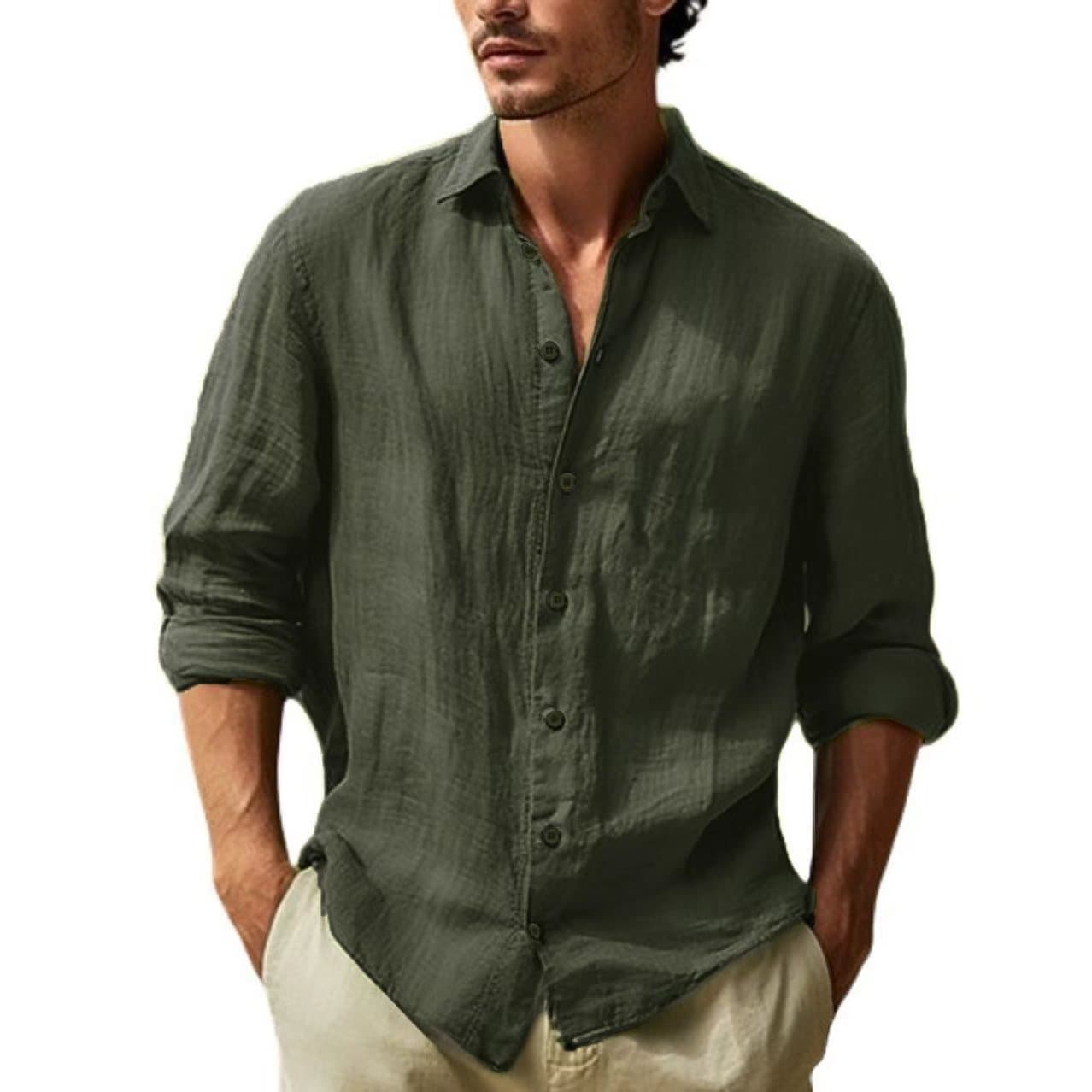 New Cross-border Export Men's Cotton Linen Camp Collar Beach Shirt Long Sleeve Solid Color Hawaiian Holiday Clothing for Men