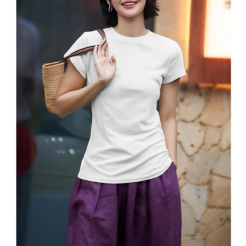 Premium Round Neck Short Sleeve White T-Shirt for Women Early Spring 2025 Elegant Age-Defying Casual Office Loose Fitting Slimming Top