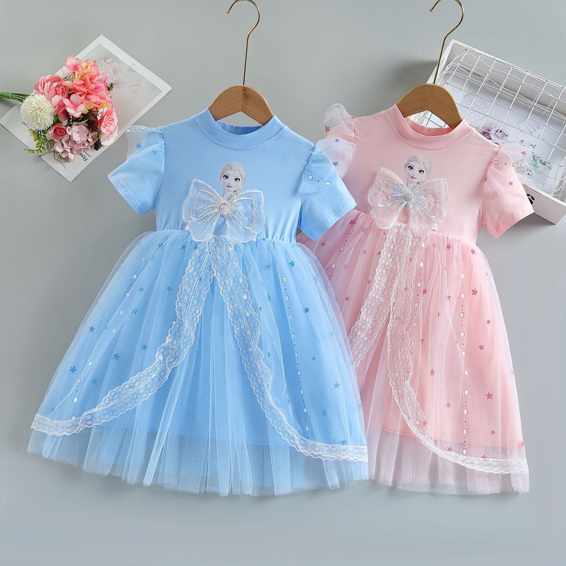 Frozen Elsa Princess Dress Summer Children's Dress for Toddlers and Kids, Tulle Tutu Dress Short Sleeve