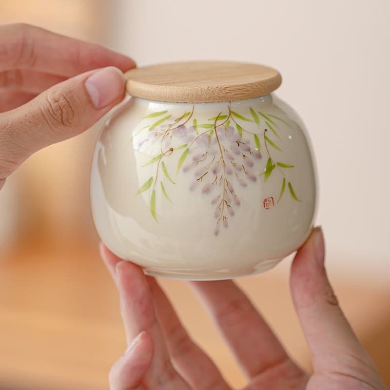 Hand-painted Wisteria Small Tea Canister, Ceramic Sealed Tea Jar, Storage Canister, Empty Can, Home Tea Caddy, Decorative Piece