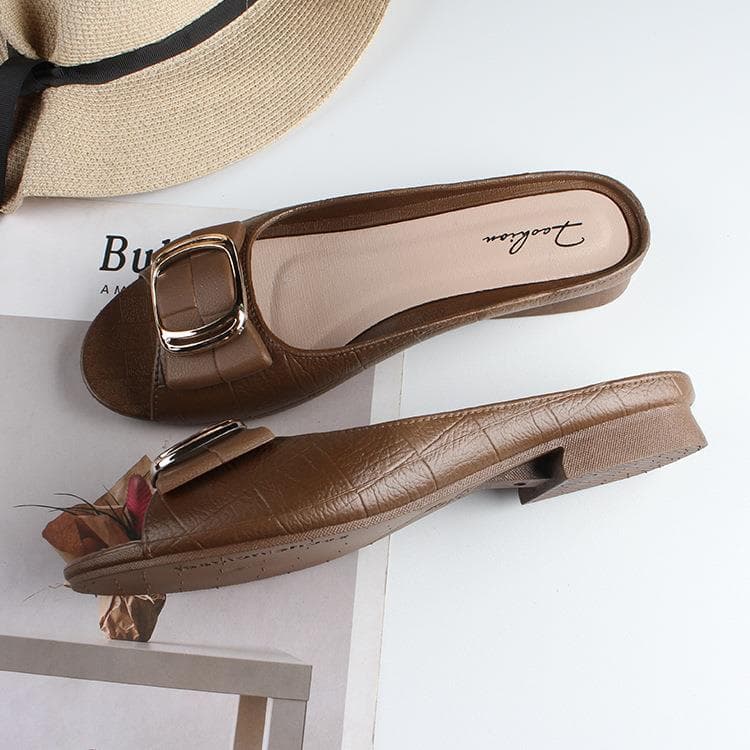 Heyada New Women's Summer Half Slippers Fashion Square Buckle Casual Chunky Heel Outdoor Flat Daily Sandals