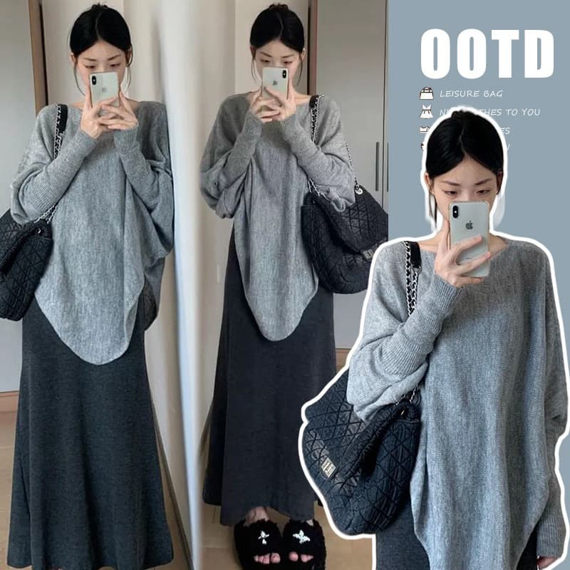 New Fall/Winter Maternity Pullover Sweater with Irregular Hem + Knit Skirt Fashionable Loose Slimming Set