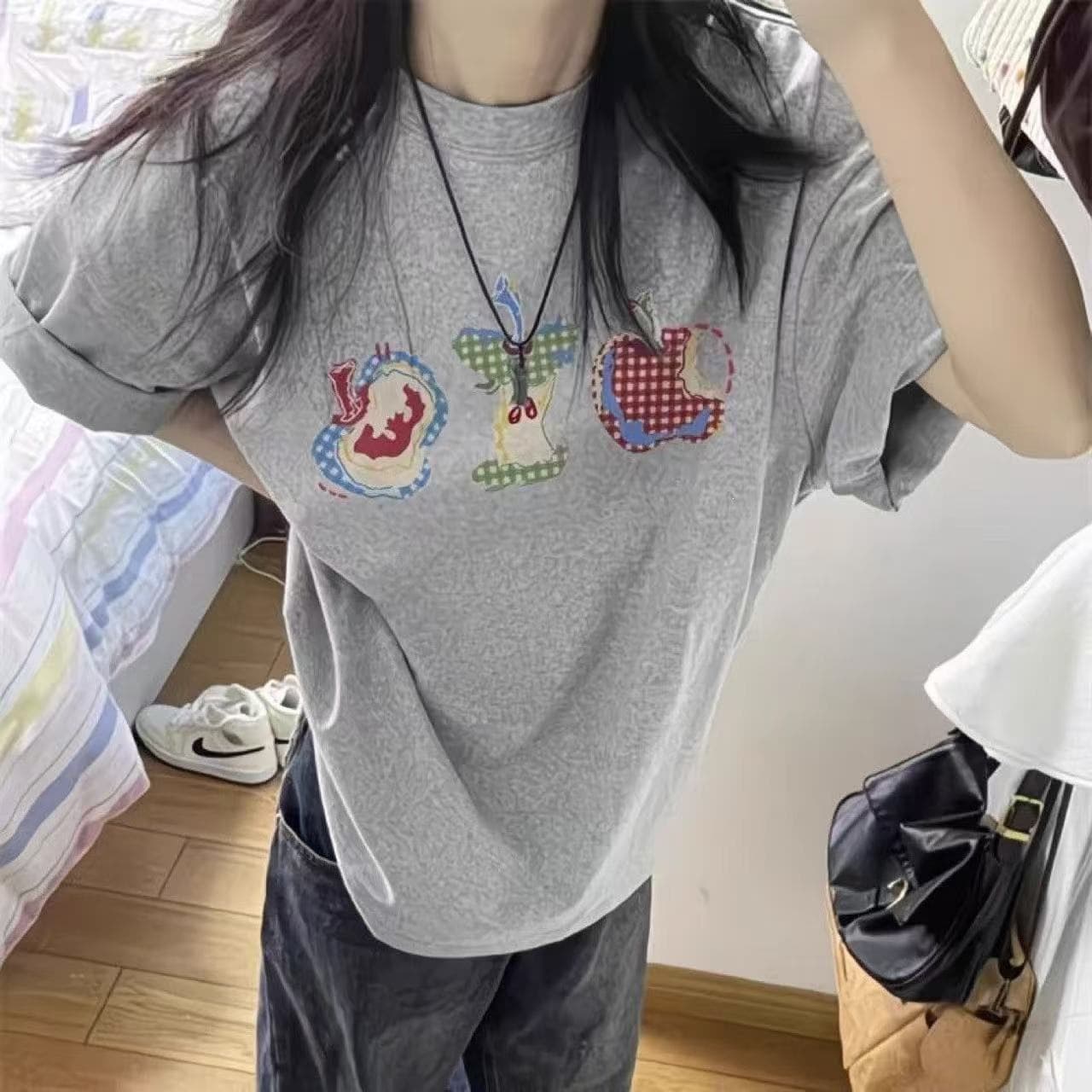 Milk silk American navy blue short-sleeved T-shirt for men and women 2026 new summer loose design printed tops trendy
