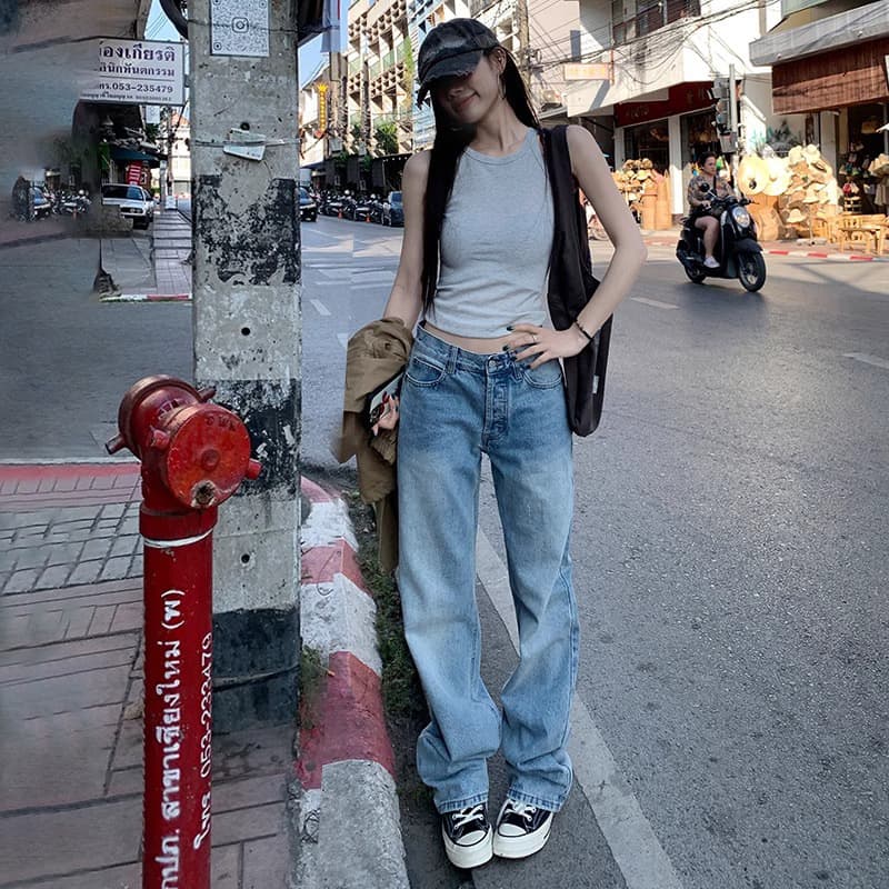 Light blue straight jeans for women 2026 spring and summer new style American hot girl slim and versatile narrow version loose pants