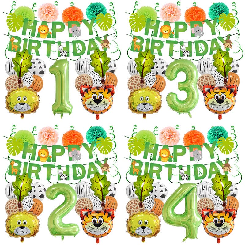 Cute Zoo Theme Balloon Set Wild Jungle Paper Flower Banner Birthday Decoration Supplies Photo Props