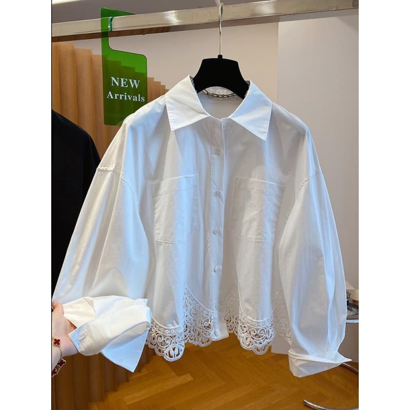 Designer Lace Trim White Blouse for Women Long Sleeve 2026 Spring Autumn New Short Stylish Top