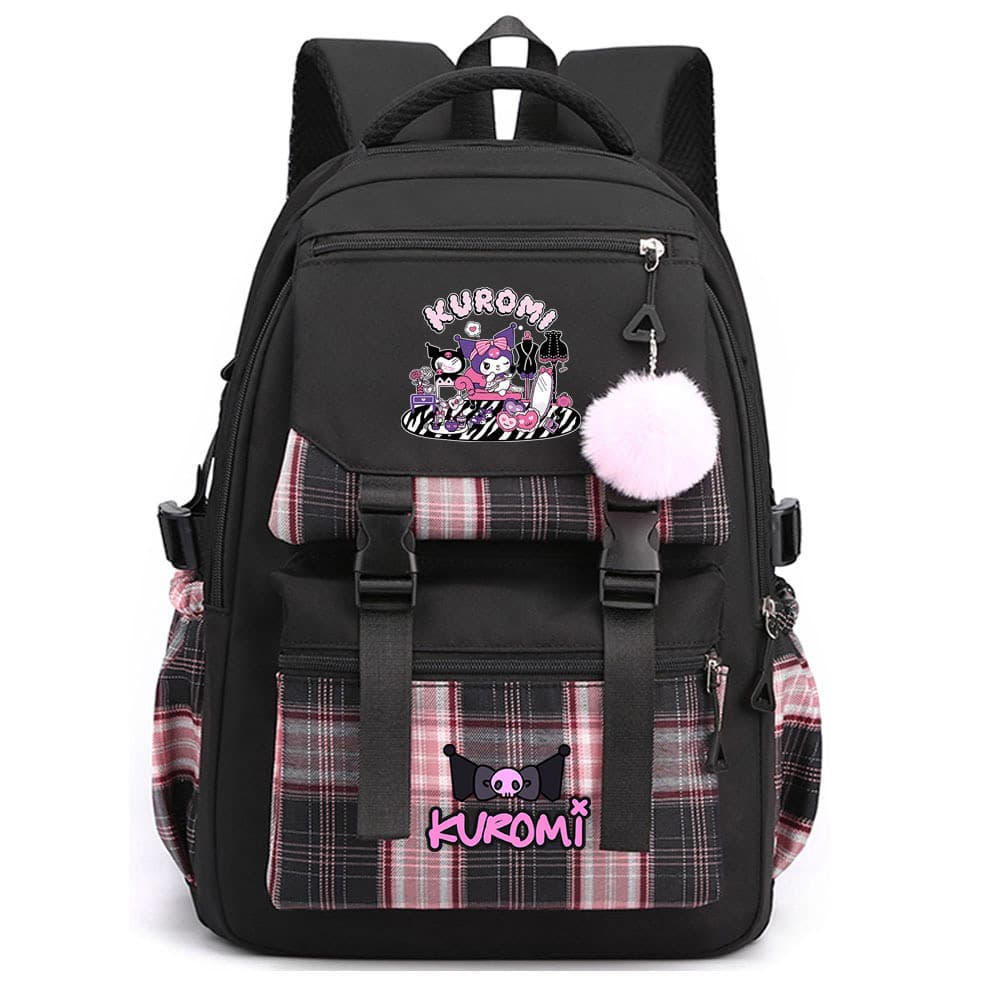 06 Cartoon Japanese comic print youth primary and secondary school bag plaid fur ball female casual lightweight backpack