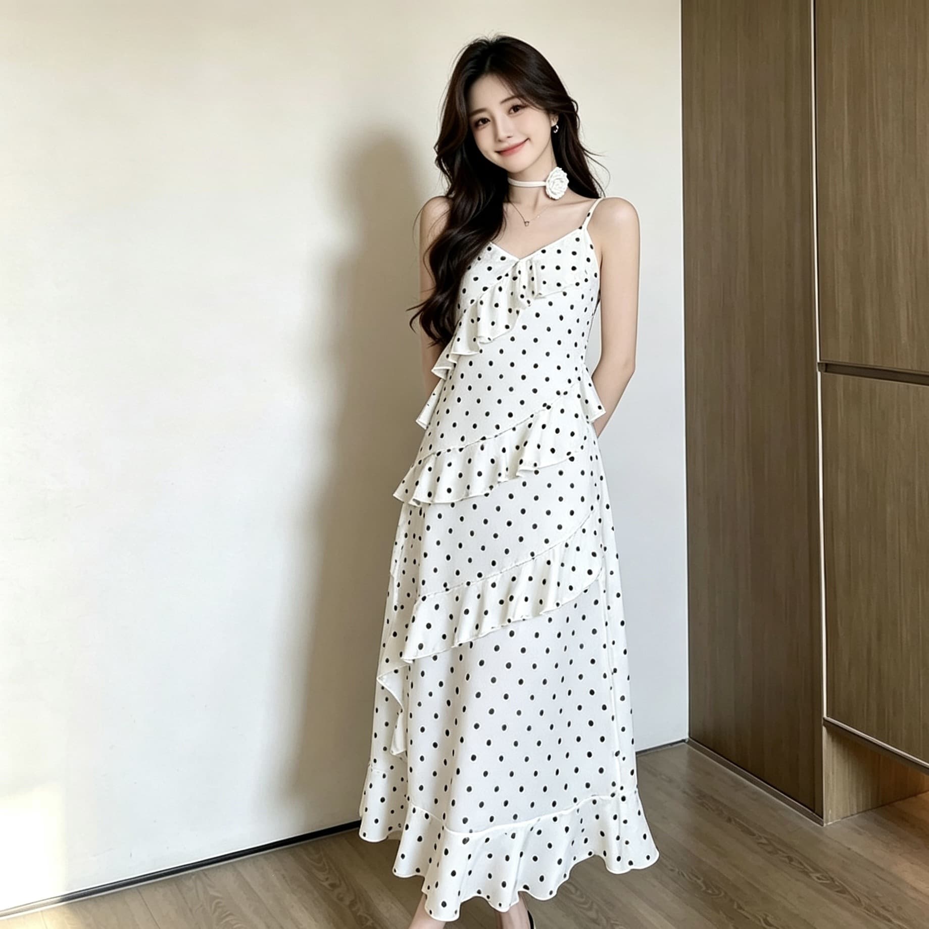 Pure Desire Polka Dot Camisole Dress for Women Summer New Collection Waist-Slimming French Elegant Ruffle Midi Dress