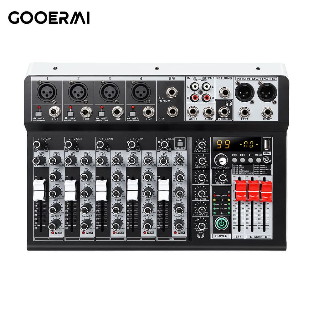 KT6 Cross-Border Compact 6-Channel Mixer White Sound Card with USB Bluetooth DSP Effects Small Mixing Console