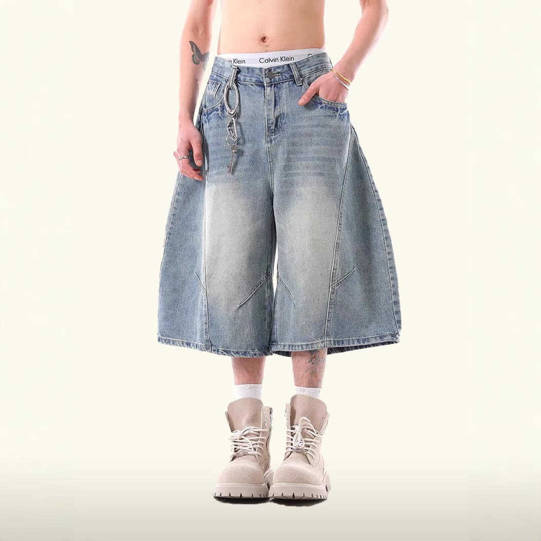 American vintage loose silhouette washed distressed seven-tenths pants summer unisex design wide-leg jeans