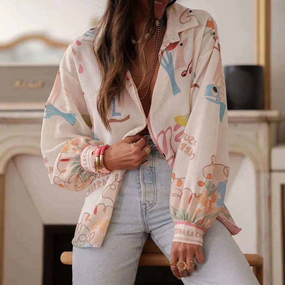 European/American Women's French Graffiti Print Long-Sleeve Shirt, Amazon Hot Selling Loose Lapel Casual Cardigan Blouse