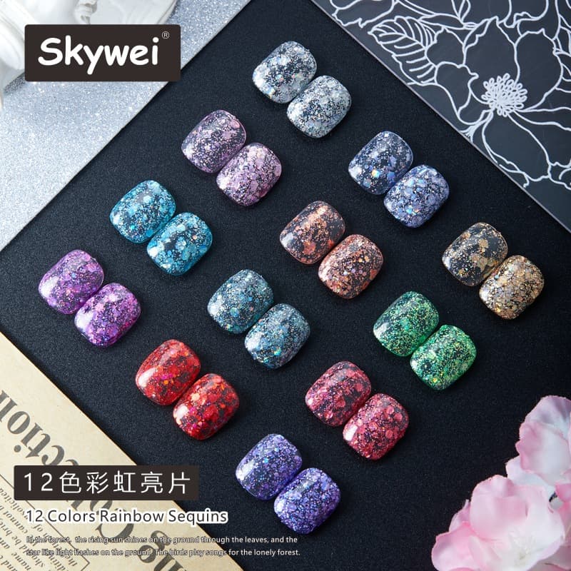 12-Color Rainbow Glitter Gel 2025 Cross-Border New Trendy Color Glitter Gel Dazzling Nail Polish Gel Wholesale Factory Direct Sale