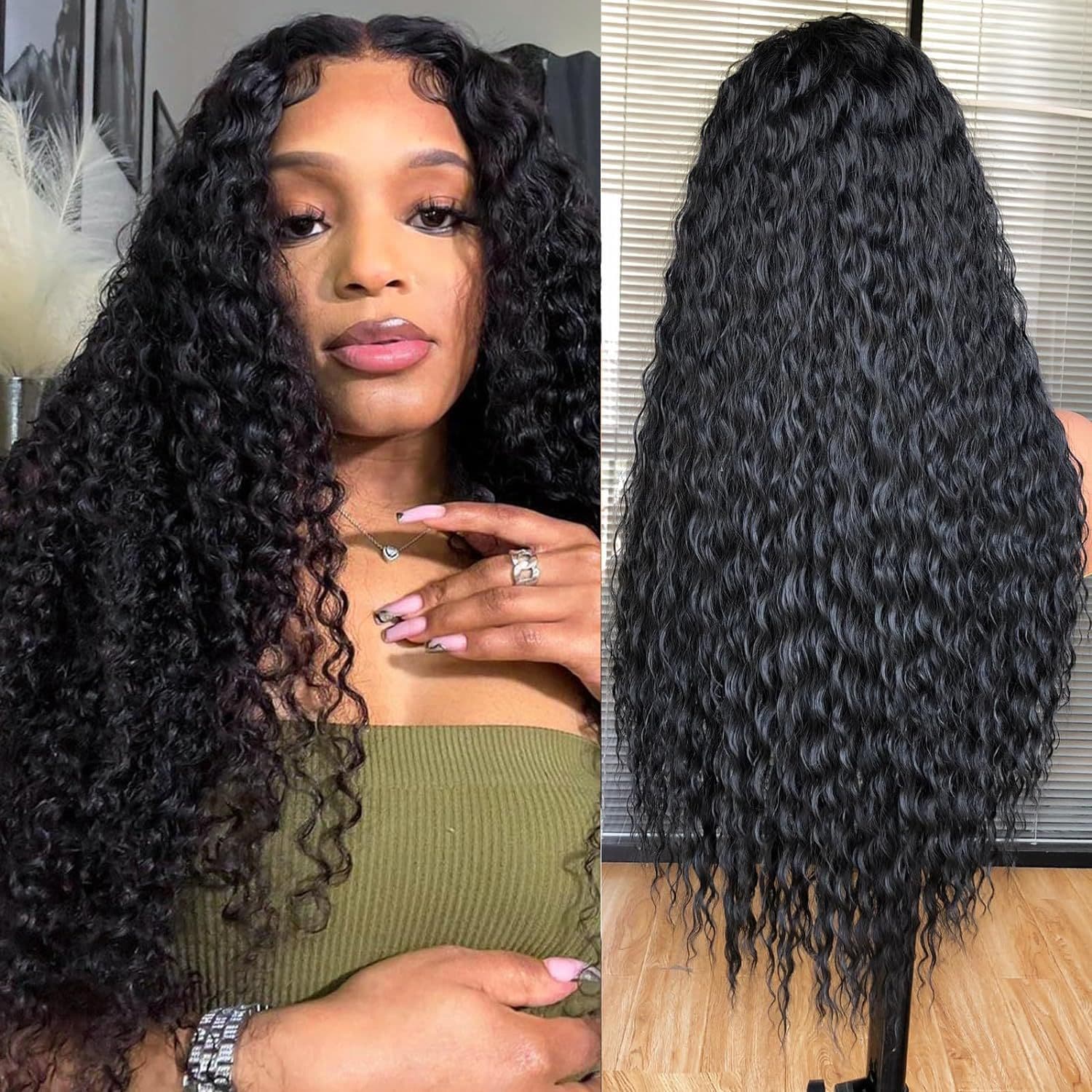 European and American cross-border wig with front lace, synthetic fiber cap, black middle part long curly hair, African small curly hair, high-temperature silk