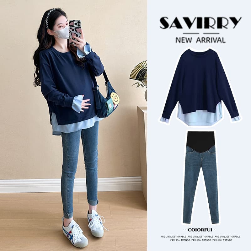Maternity Spring Outfit Set Fashionable Mom Style Long Sleeve Korean Loose Sweater Faux Two-Piece Mid-Length Top