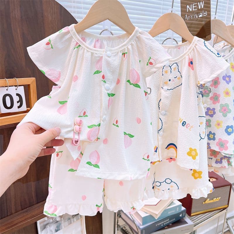 Summer New Kids Ruffle Sleeve Pajama Set Rainbow Rabbit Pattern Peach Princess Pajamas 3-6 Years Girls Cotton Silk