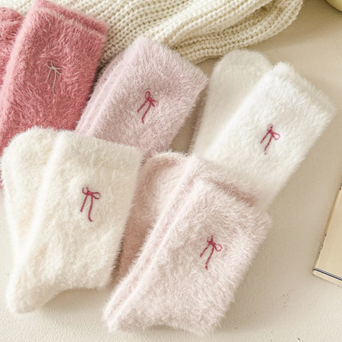 Autumn-winter women's socks mink velvet bow fluffy socks cute sweet mid-calf socks thickened warm home sleep socks.