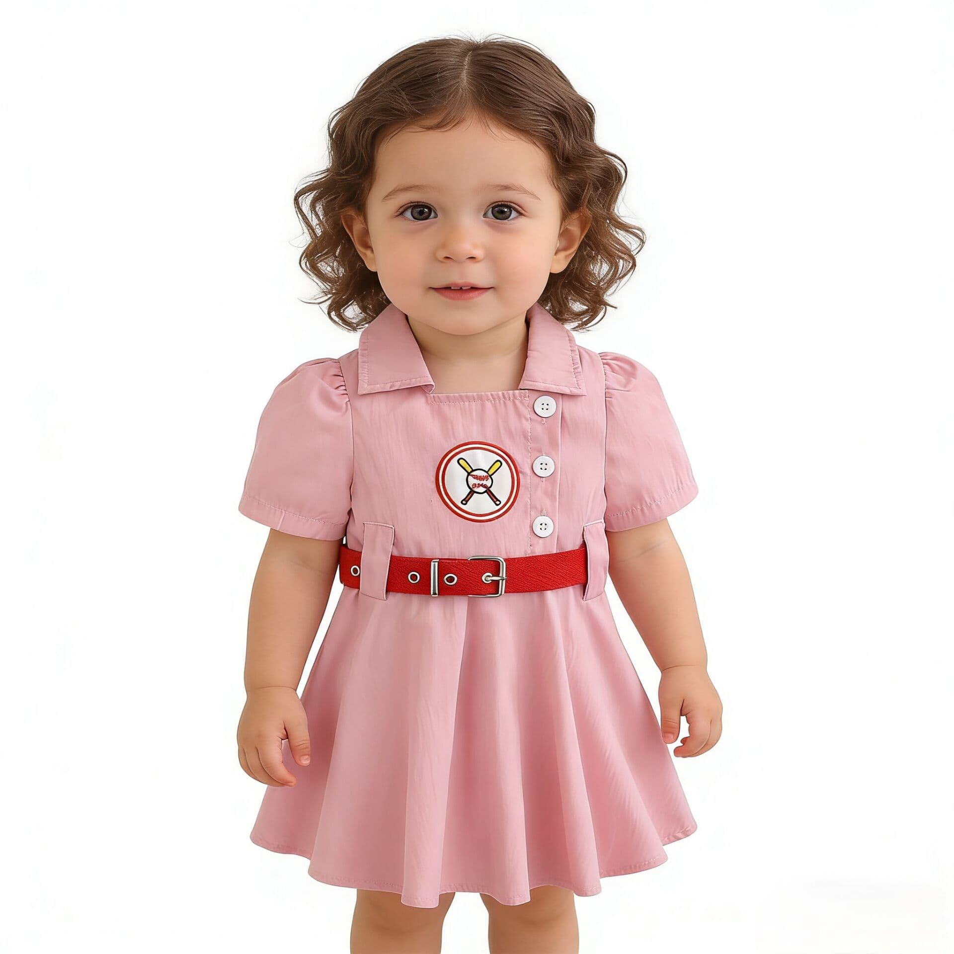 Girls Summer Baseball Style POLO Collar Dress Baby Pink Waist-Lined Slip Dress Children Casual Princess Dress