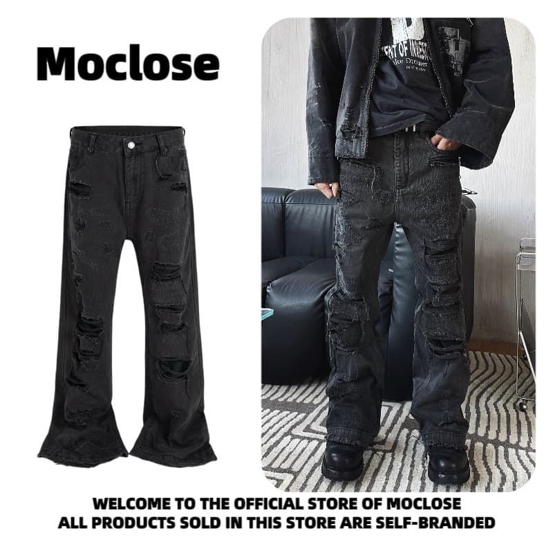 Moclose American street distressed washed vintage worn-out ripped straight-leg micro-flare denim pants for men and women
