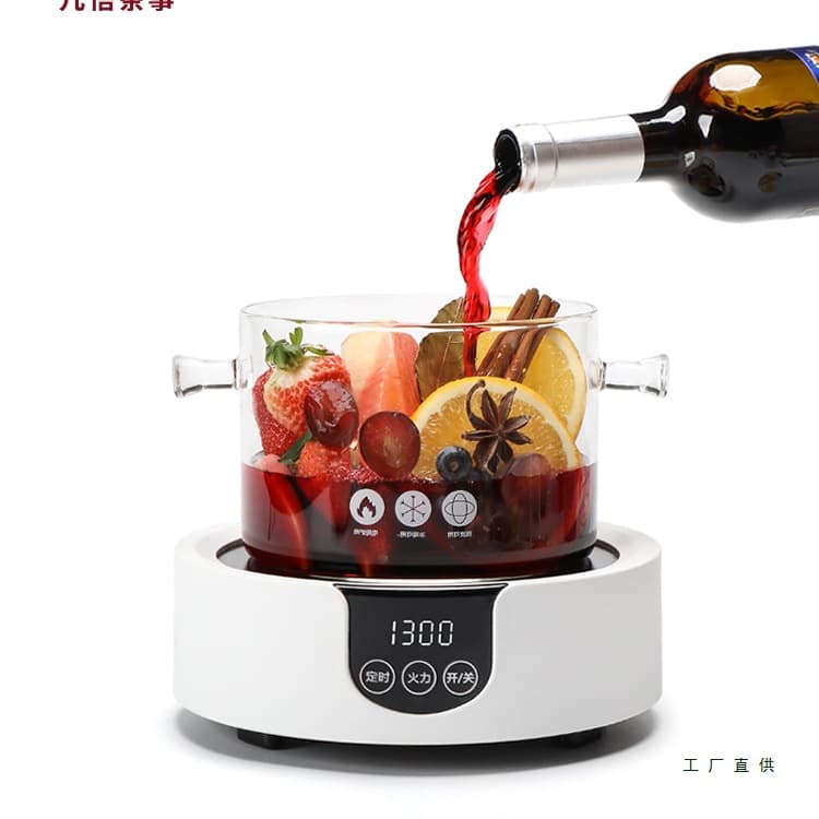 Electric ceramic stove set for mulled wine, made of high borosilicate glass, doubles as a soup pot, noodle bowl, or teapot for fruit infusions.