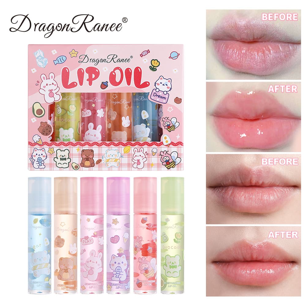 DragonRanee Cross-border Pet Lip Oil 6-Piece Gift Set, Glass Water-Gloss Mirror Finish Plump Lips Moisturizing Lip Balm