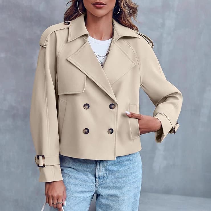 2025 Fall/Winter New Arrival Women's Fashion Casual INS Pocket Short Double-Breasted Trench Coat for Amazon Cross-Border