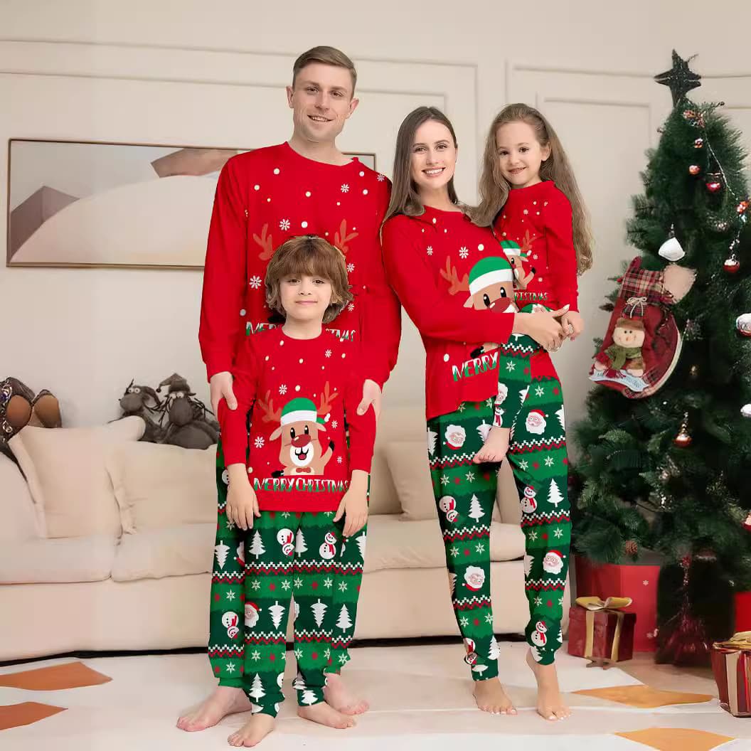 Independent Site New Cartoon Letter Deer Snowman Christmas Print Parent-Child Set Family of Three Pajamas