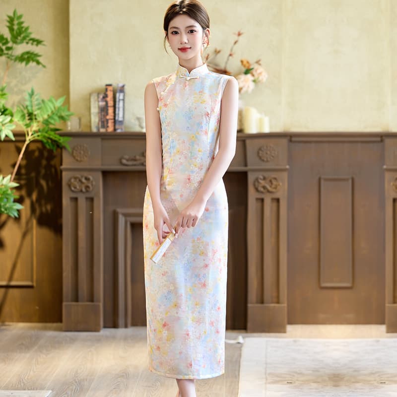 2026 summer new Chinese style mercerized cotton long cheongsam pinch waist young style sleeveless improved daily slimming girl