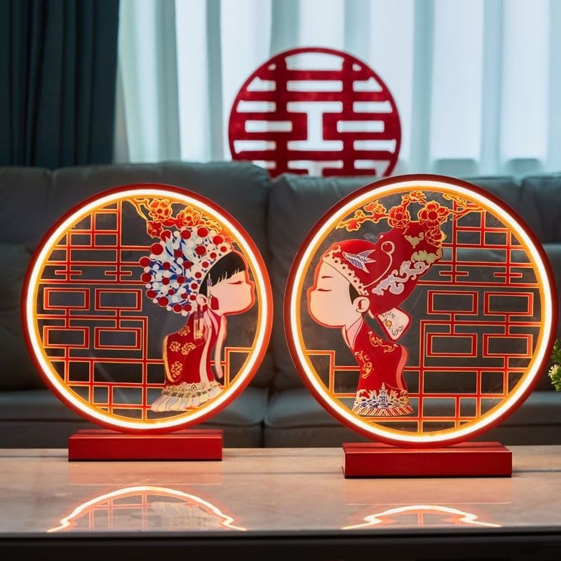 Wedding bedside long-lasting lamps, red festive dowry lamps as a pair, celebratory gifts for the bride.