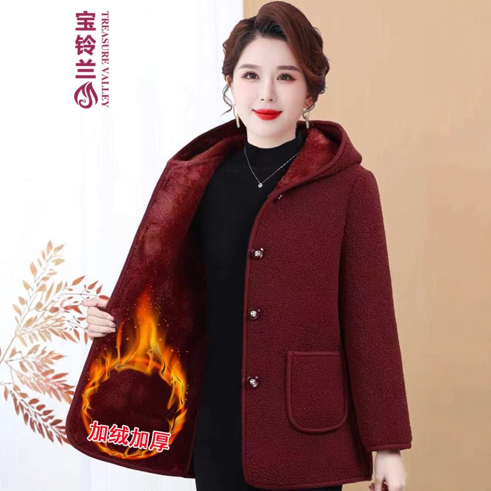Winter Granular Fleece Coat for Middle-Aged and Elderly Women, Hooded Fleece-Lined Thickened Warm Wool Coat for Mothers, Plus Size